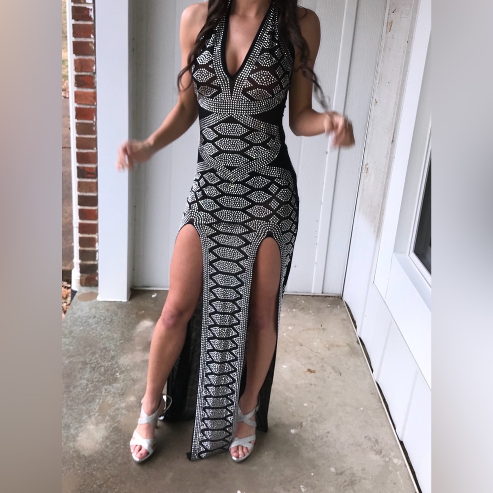 AKIRA Black and White Beaded Halter Maxi Dress